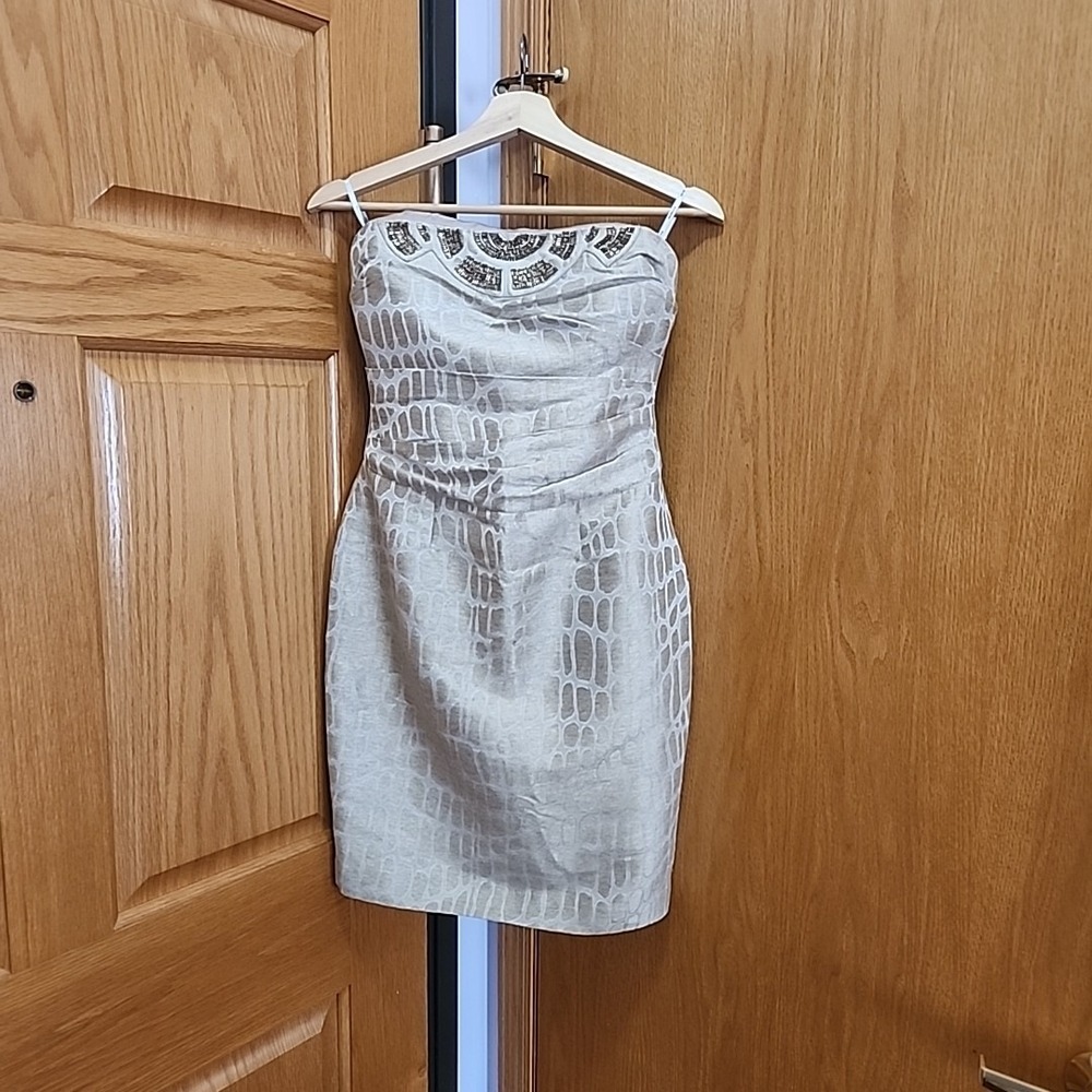 Kay Unger Gold metallic Giraffe Animal Print Beaded Strapless Cocktail Dress 2